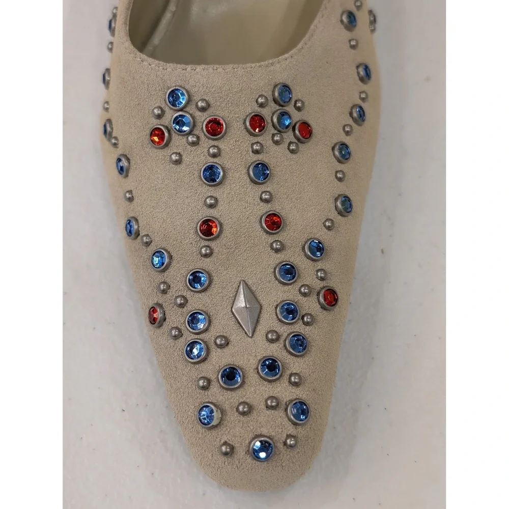 Yellow Box Jody Embellished Rhinestone Square Toe Beige Heel Mules Size 7.5 - Picture 5 of 9
